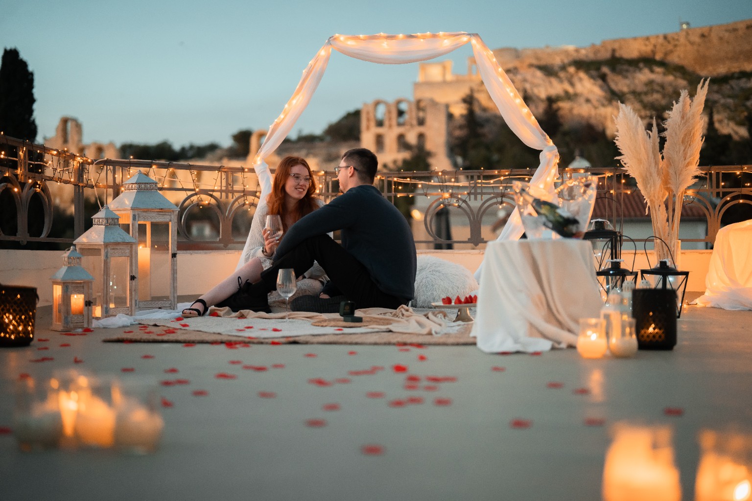Private Acropolis terrace prepared for a marriage proposal in Athens