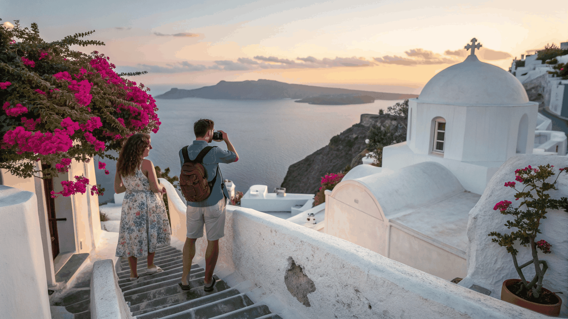 Cinematic silhouette of a couple embracing against the vibrant orange Aegean sunset