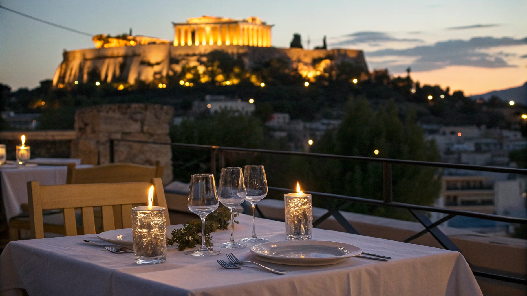Luxury private terrace proposal overlooking the Acropolis at dusk with panoramic city views