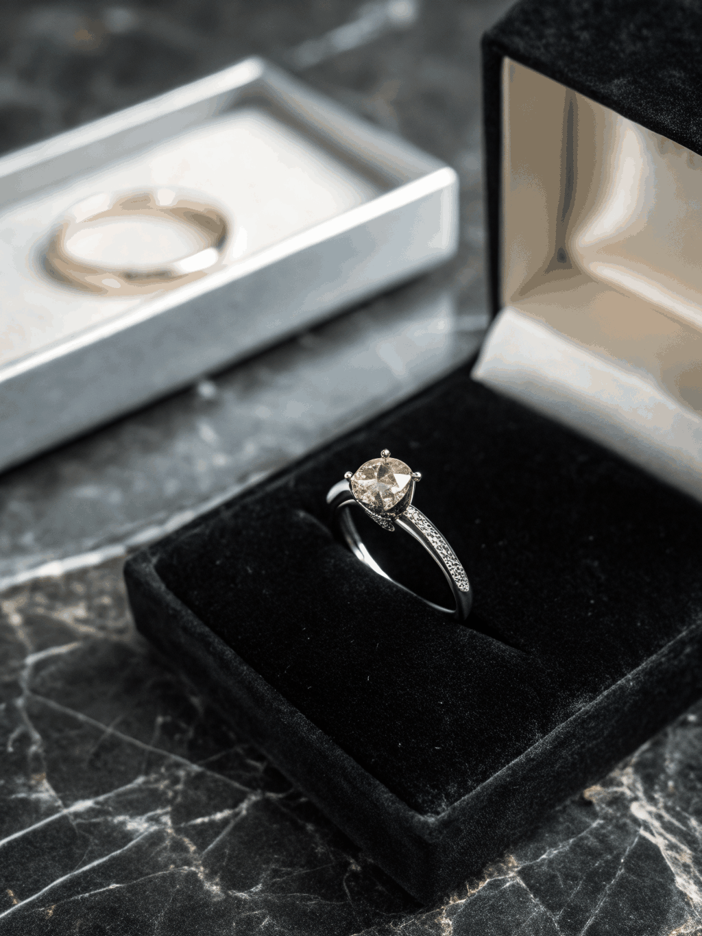 Macro shot of a handcrafted velvet engagement ring box illuminated by soft candlelight