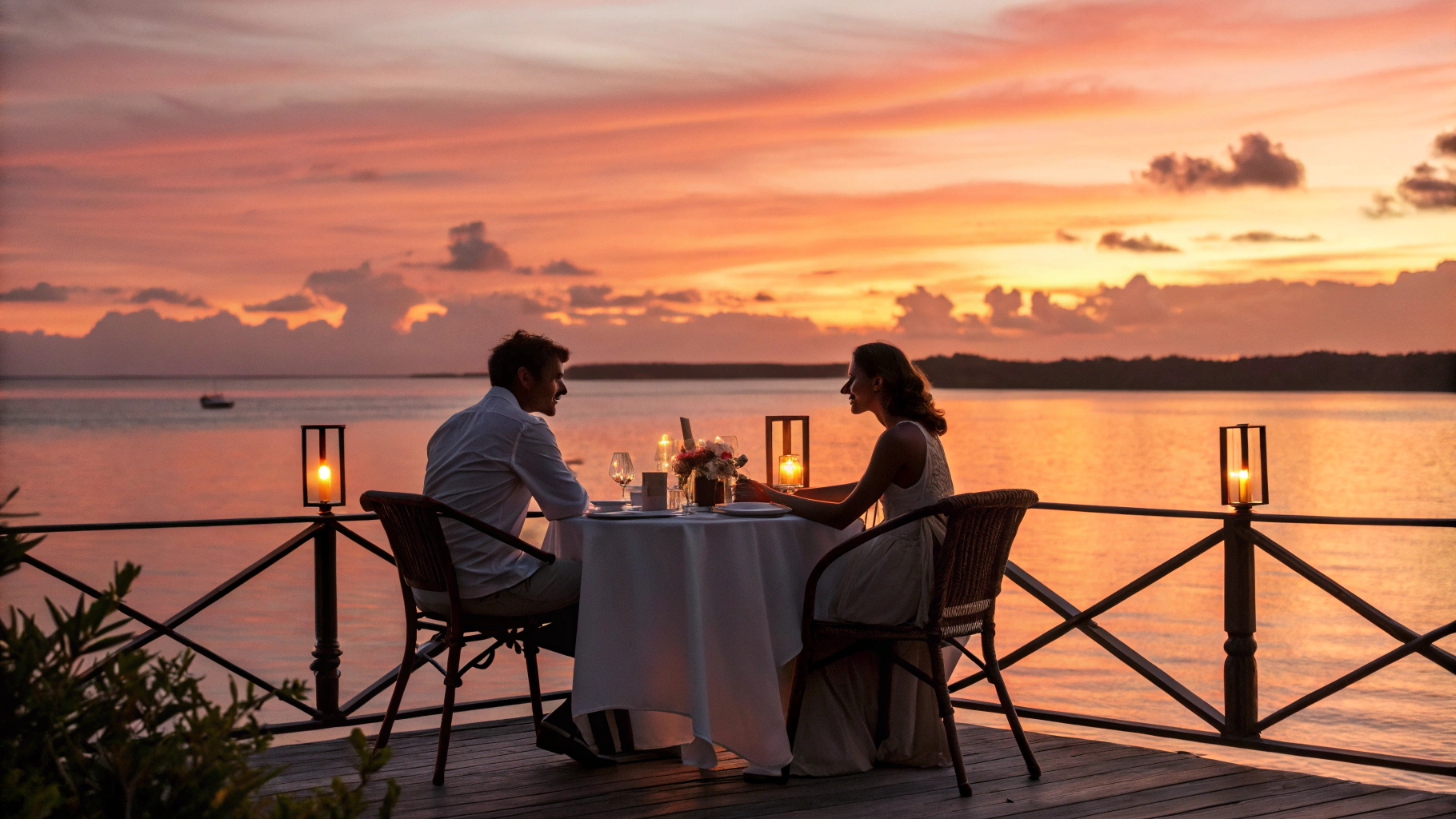 Cinematic wide shot of a candlelit path leading to an intimate private dinner on the beach
