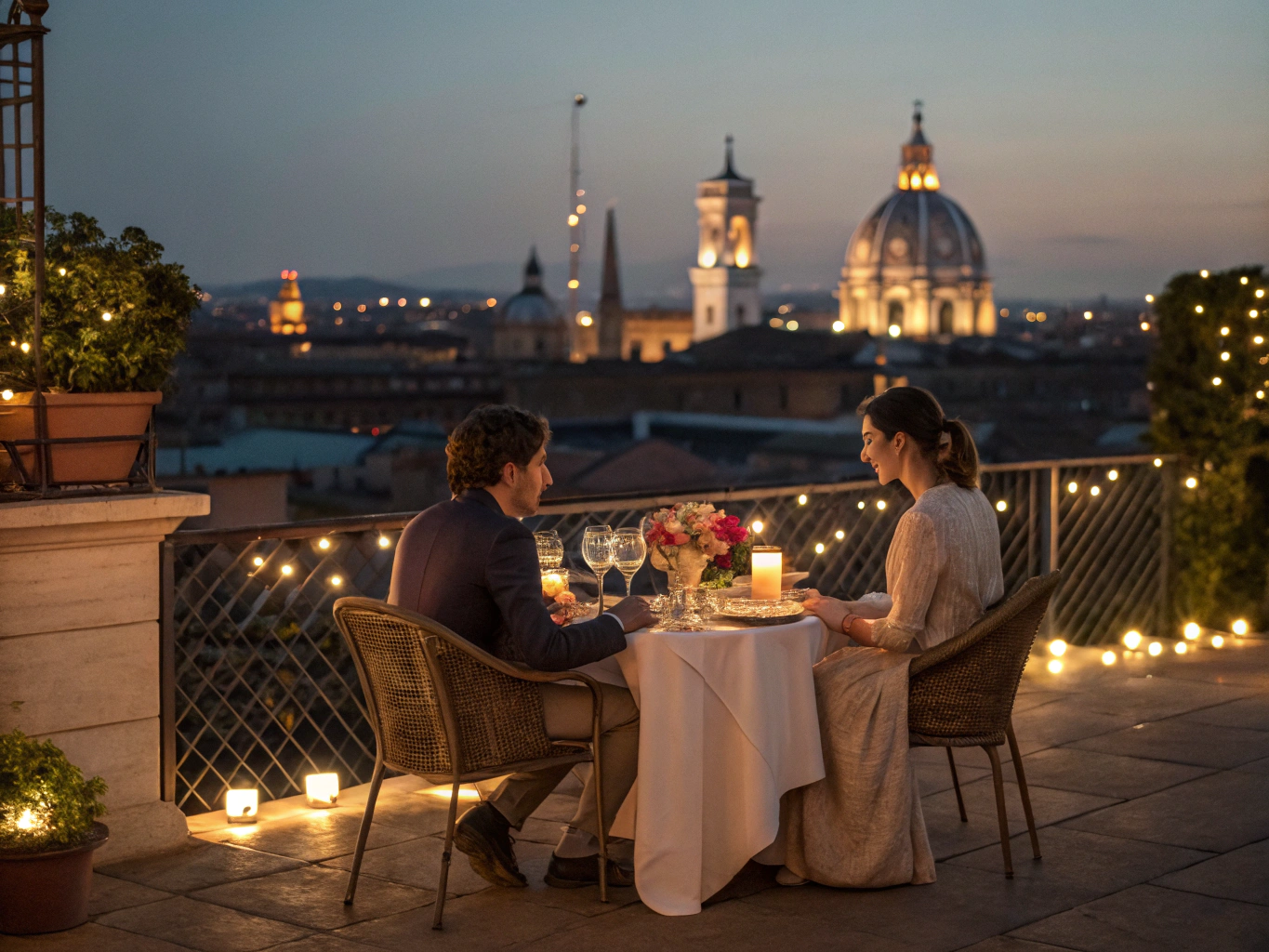 Private candle-lit dinner overlooking the Acropolis with grainy film texture