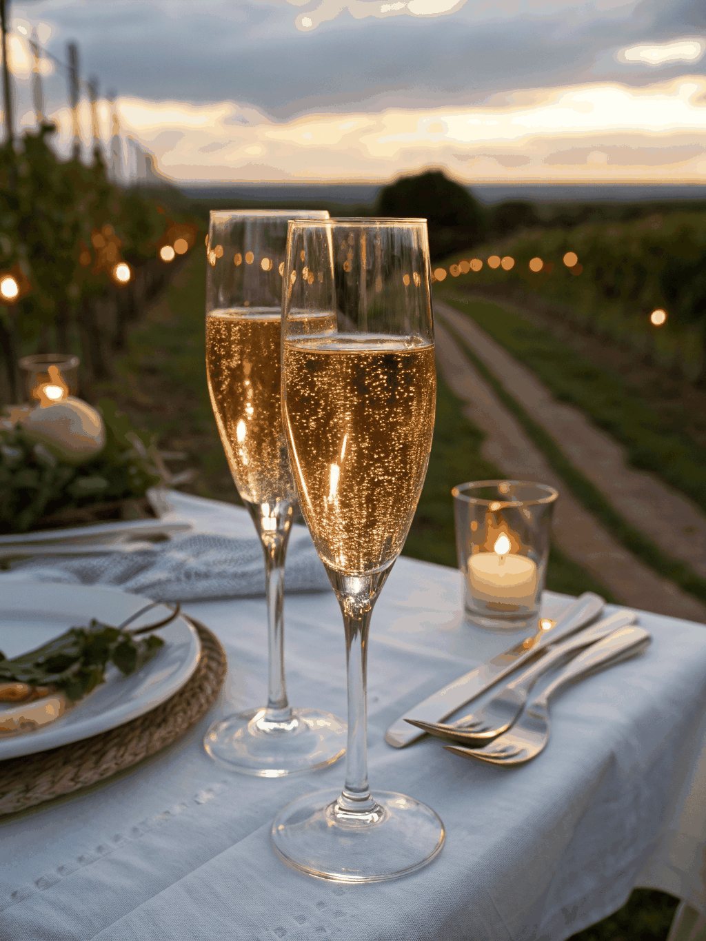 Elegant table setting with premium champagne and artisanal white floral arrangements