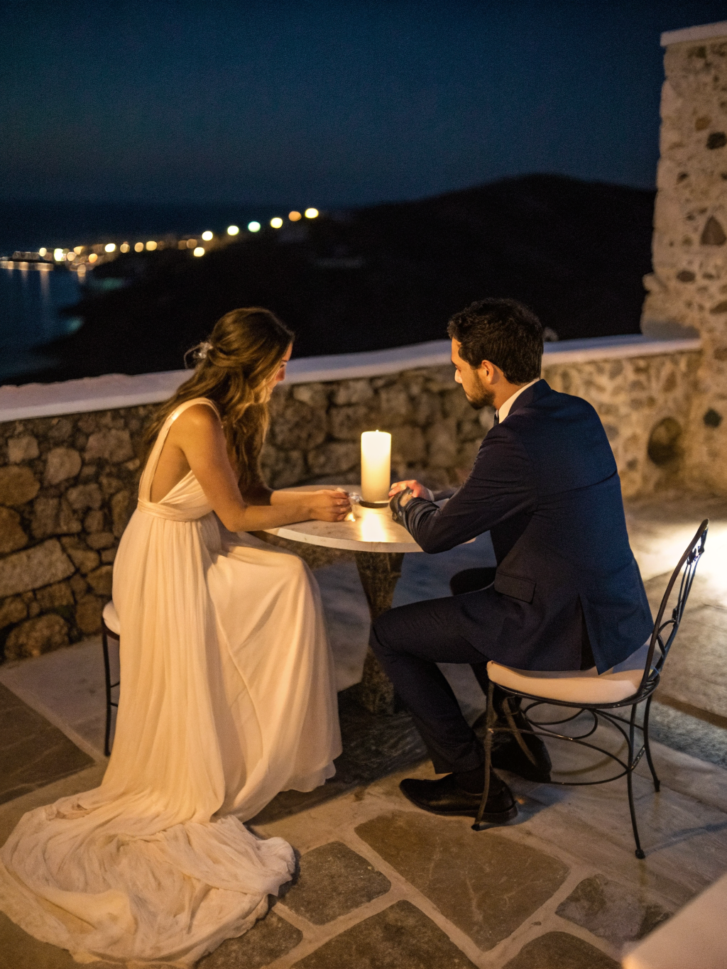 A luxurious private terrace proposal setup with low-light cinematic ambiance