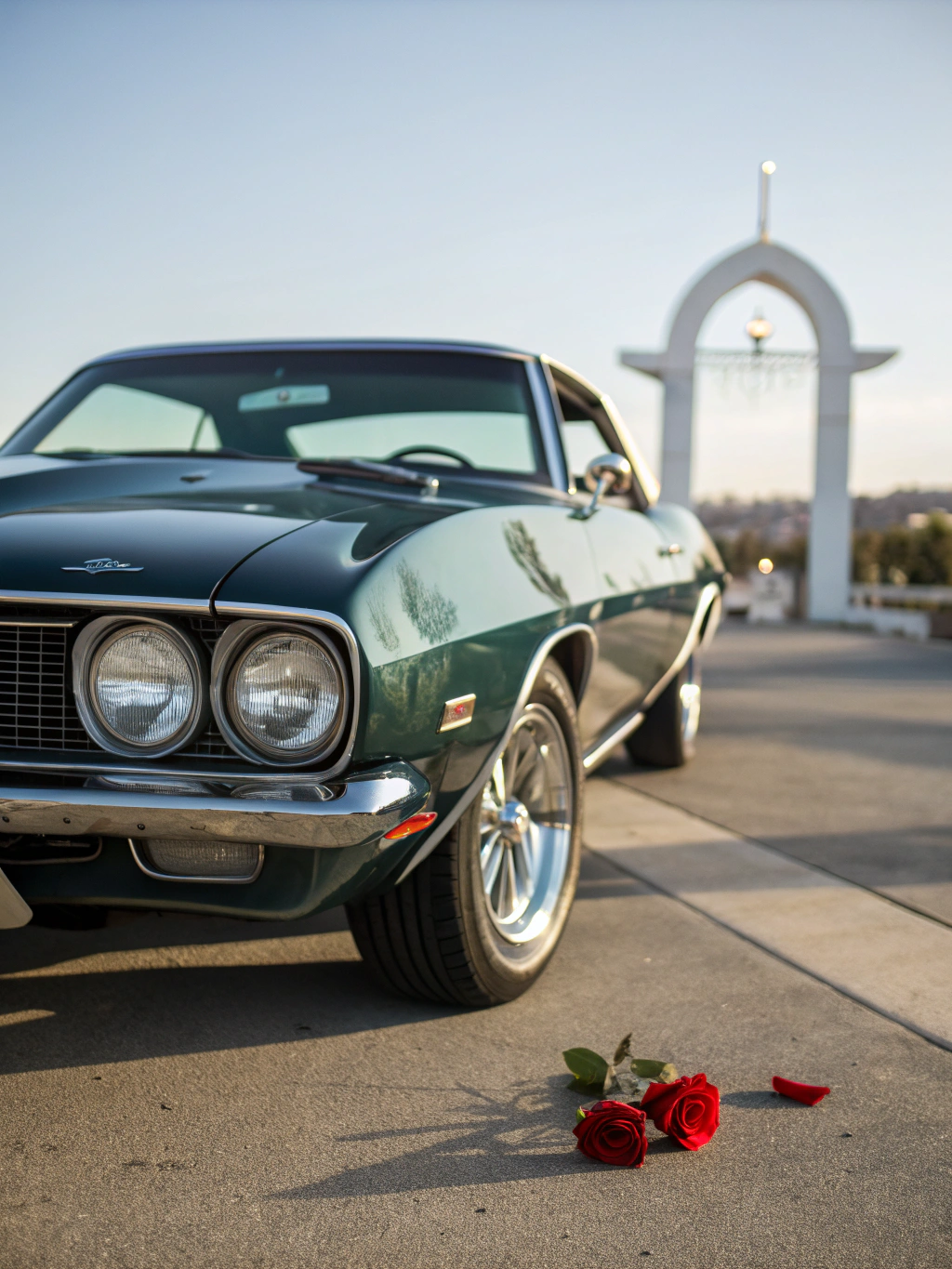 Close up of a classic vintage getaway car featuring 'Just Engaged' hand-painted calligraphy